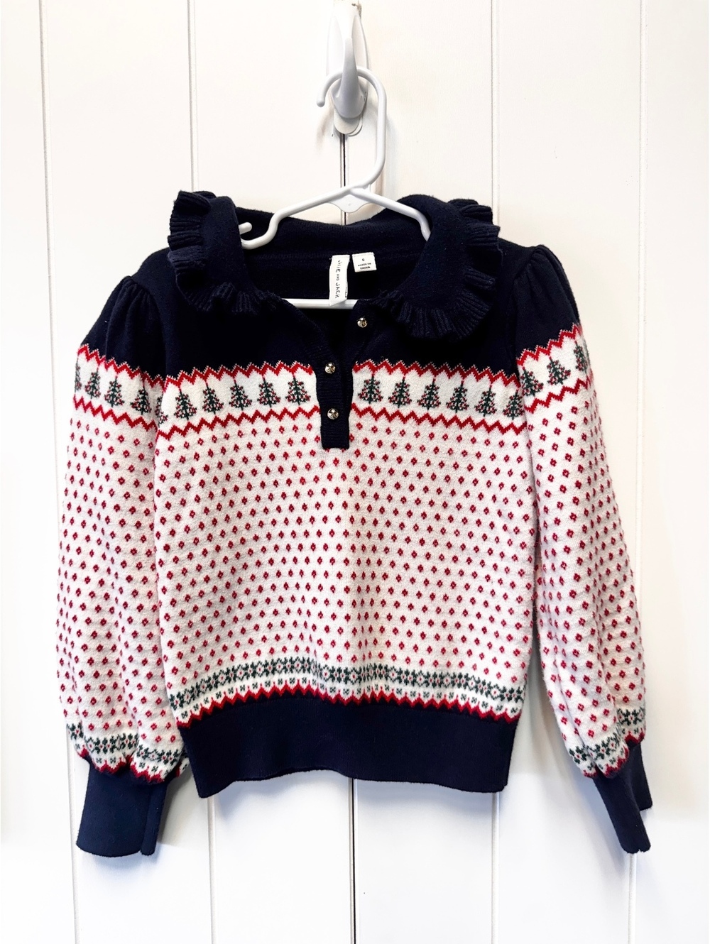 Janie and Jack Girls Size 6 Fair Isle Christmas Tree Ruffle Collar Sweater